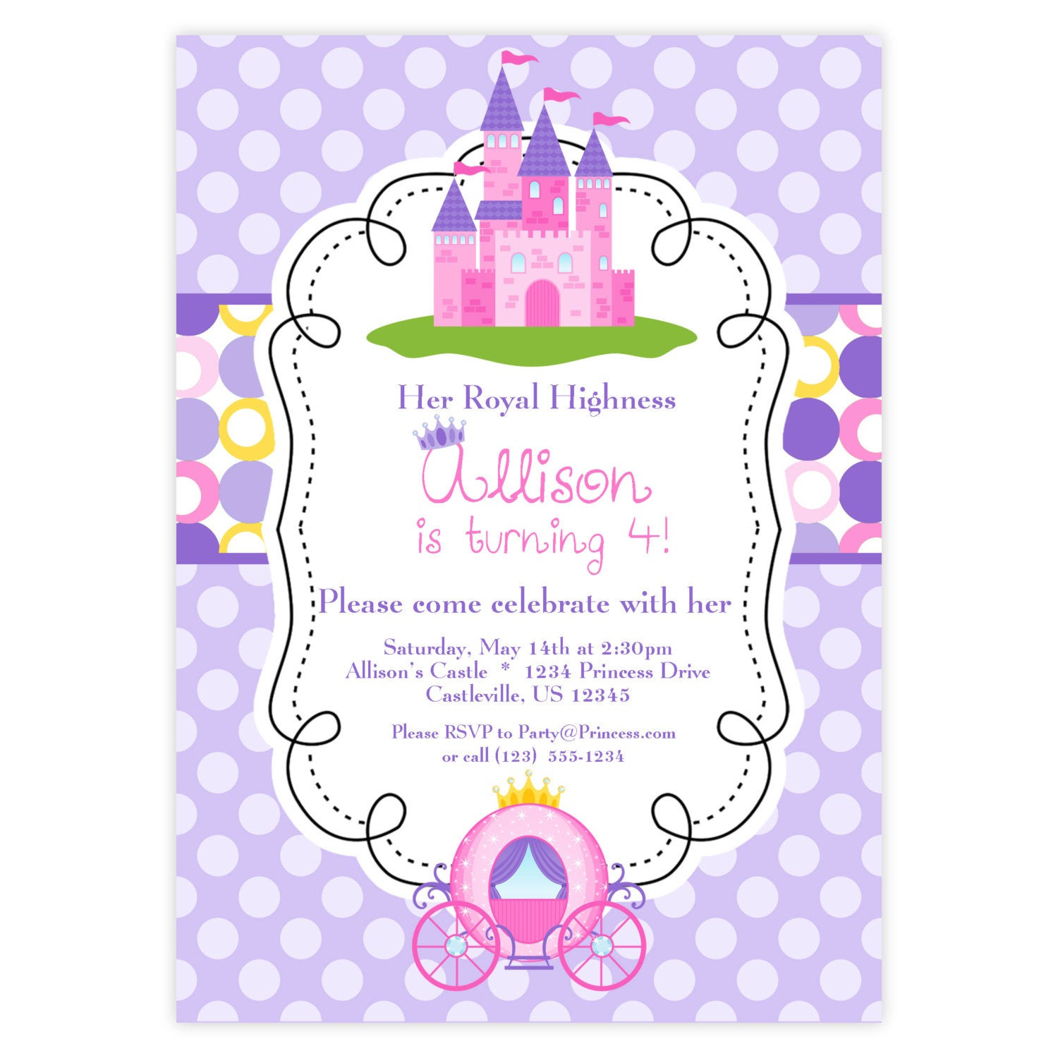 Princess Birthday Invitation
 Princess Invitation Purple and Pink Polka Dots Royal