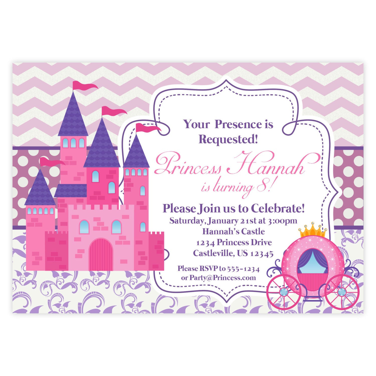 Princess Birthday Invitation
 Princess Invitation Retro Pink Chevron Purple Damask Royal