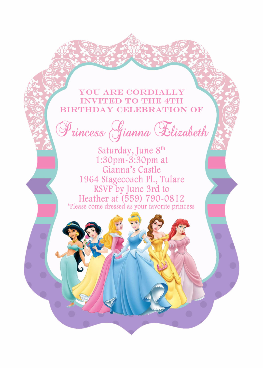 Princess Birthday Invitation
 5x7 Ornate Disney Princess Birthday Invitation Front & Back