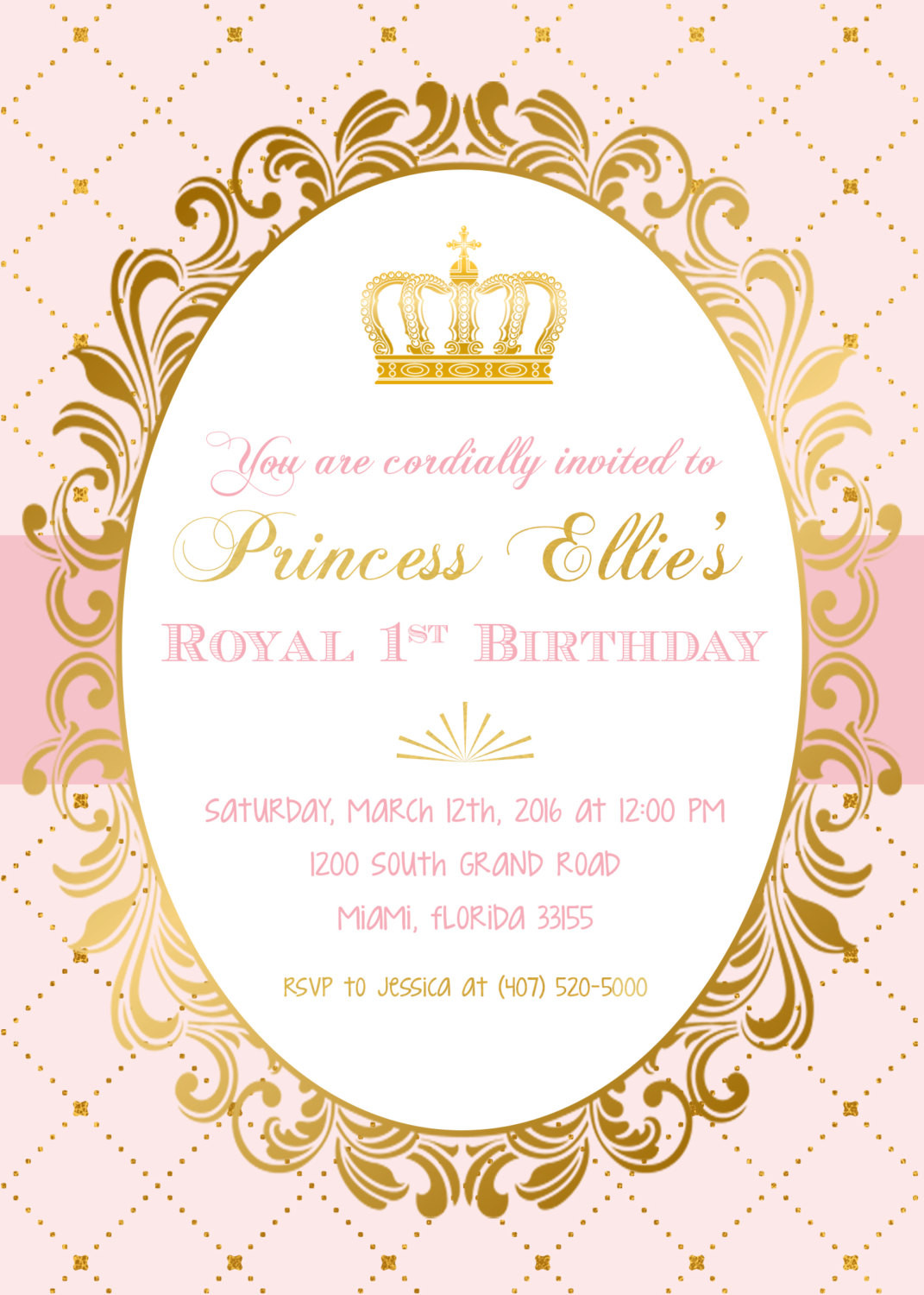 Princess Birthday Invitations
 Pink and Gold Princess Birthday Party Invitation by