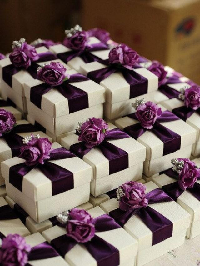 Purple Wedding Favors
 White Wedding Favor Candy Box With Purple Ribbon And