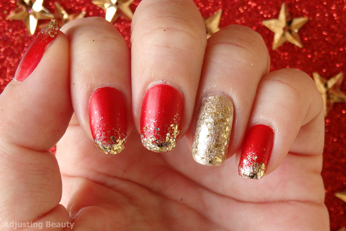 Red And Gold Glitter Nails
 Classic Red And Gold Christmas Manicure Adjusting Beauty