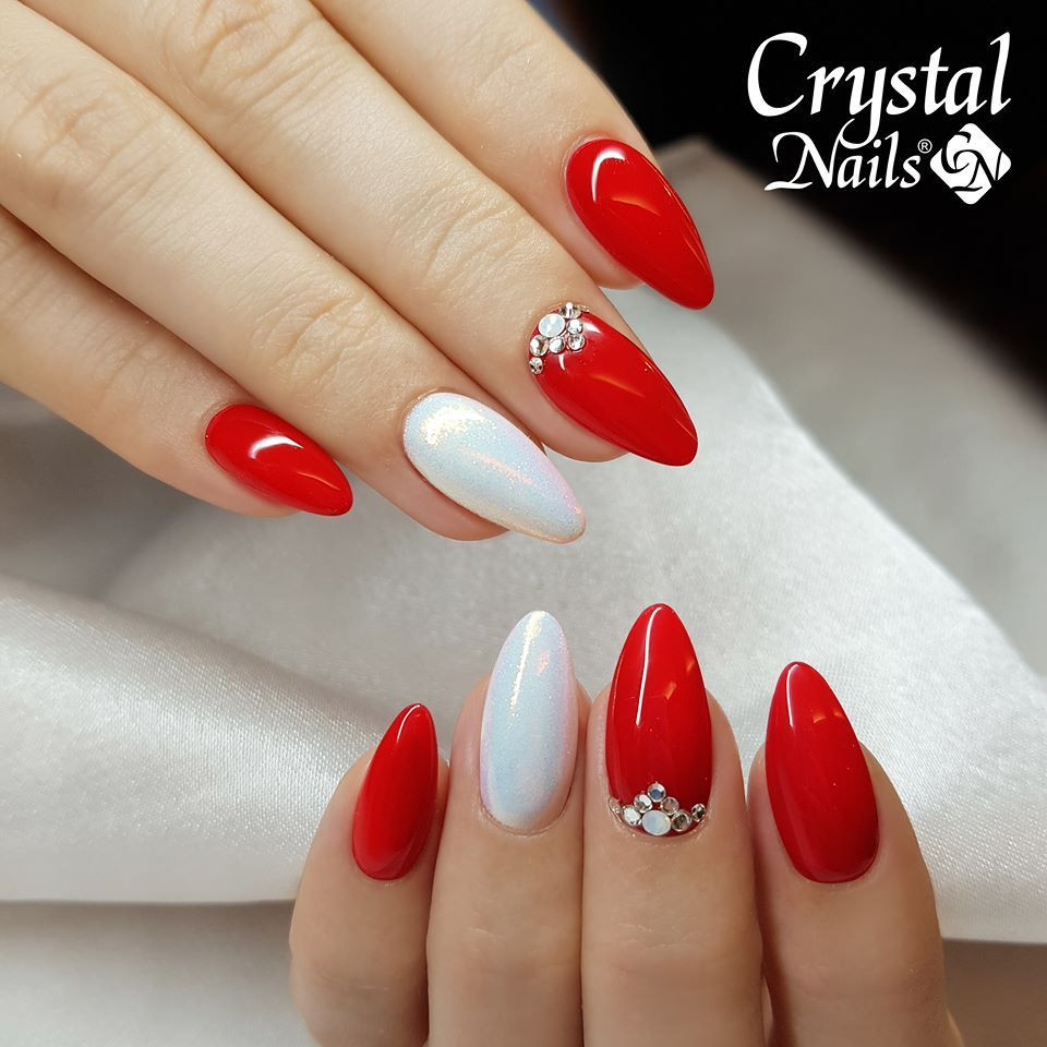 Red And White Nail Designs
 Christmas winter nail red and white pearl with jewels