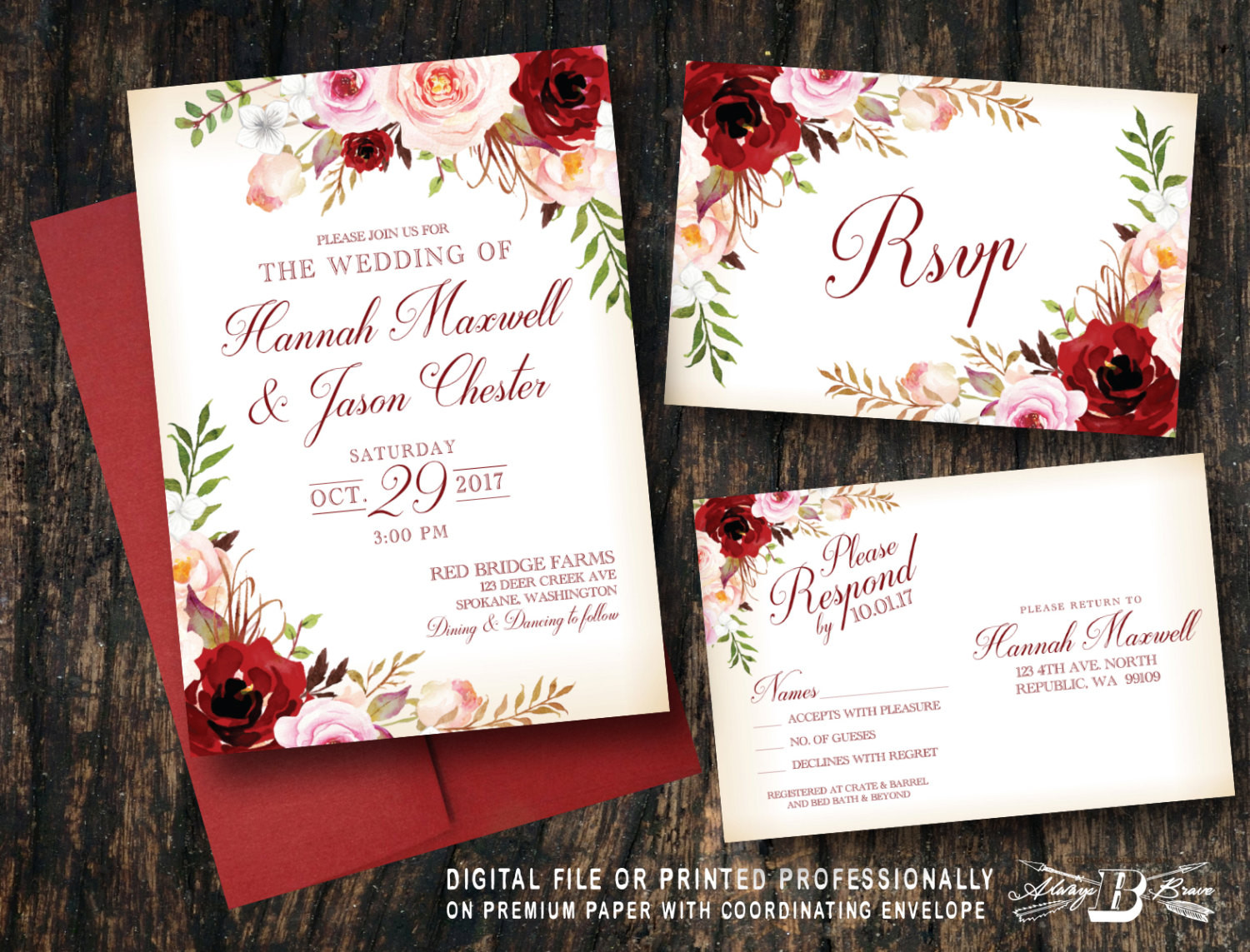 Red And White Wedding Invitations
 Red Blush Floral Wedding Invitation SET Pink Flowers Vintage