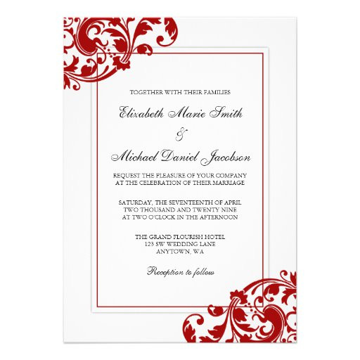 Red And White Wedding Invitations
 Red and White Flourish Swirls Wedding 5x7 Paper Invitation