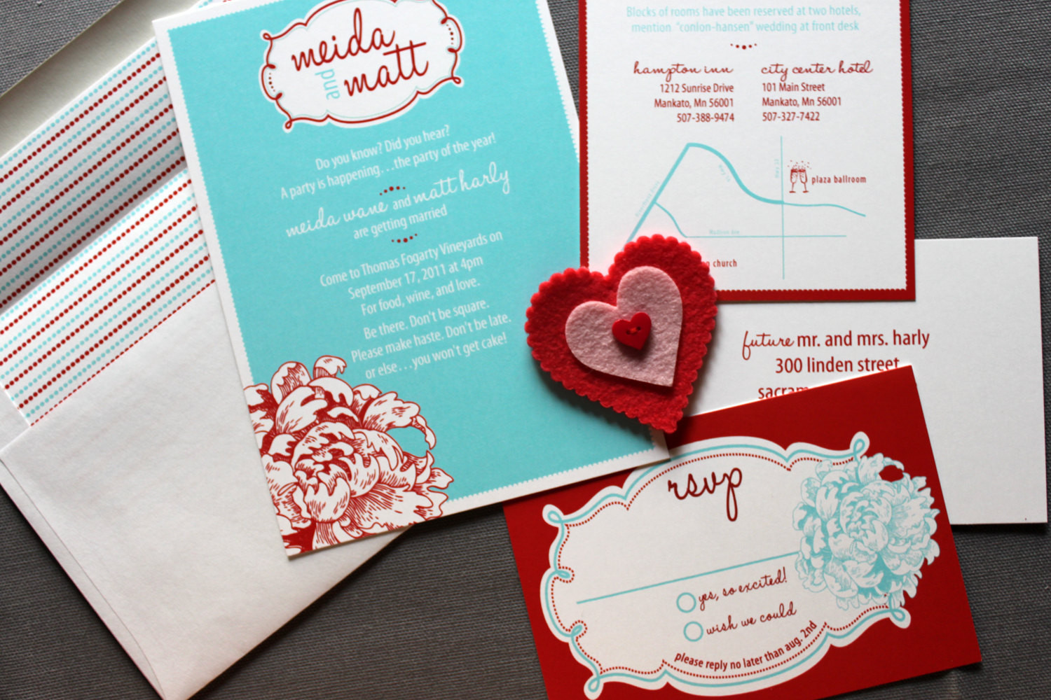 Red Wedding Invitations
 Retro Love Wedding invitation shown in Red and Aqua FREE