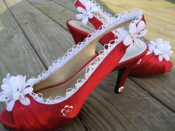 Red Wedding Shoes For Bride
 Red Satin & Lace Bridal Shoes With White Flowers Bridal