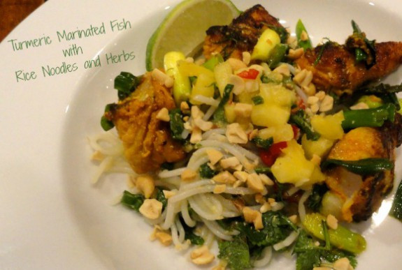 Rice Noodles Fish
 Turmeric Marinated Fish with Rice Noodles and Herbs LindySez