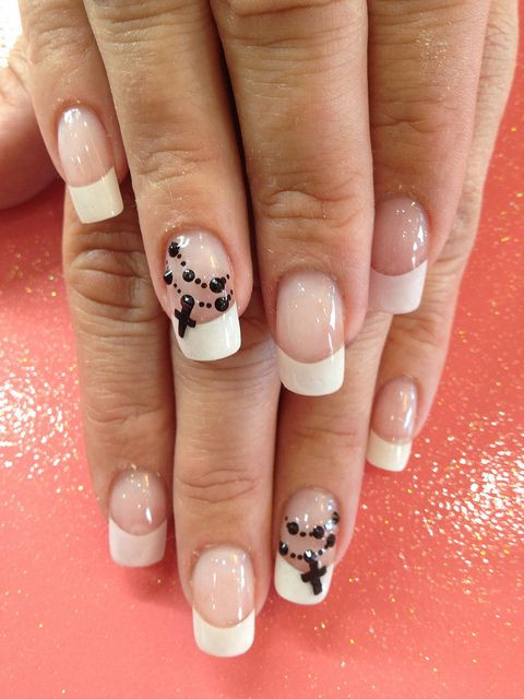 Rosary Nail Designs
 Simple White French Acrylic Tips With Rosary Bead Nail Art