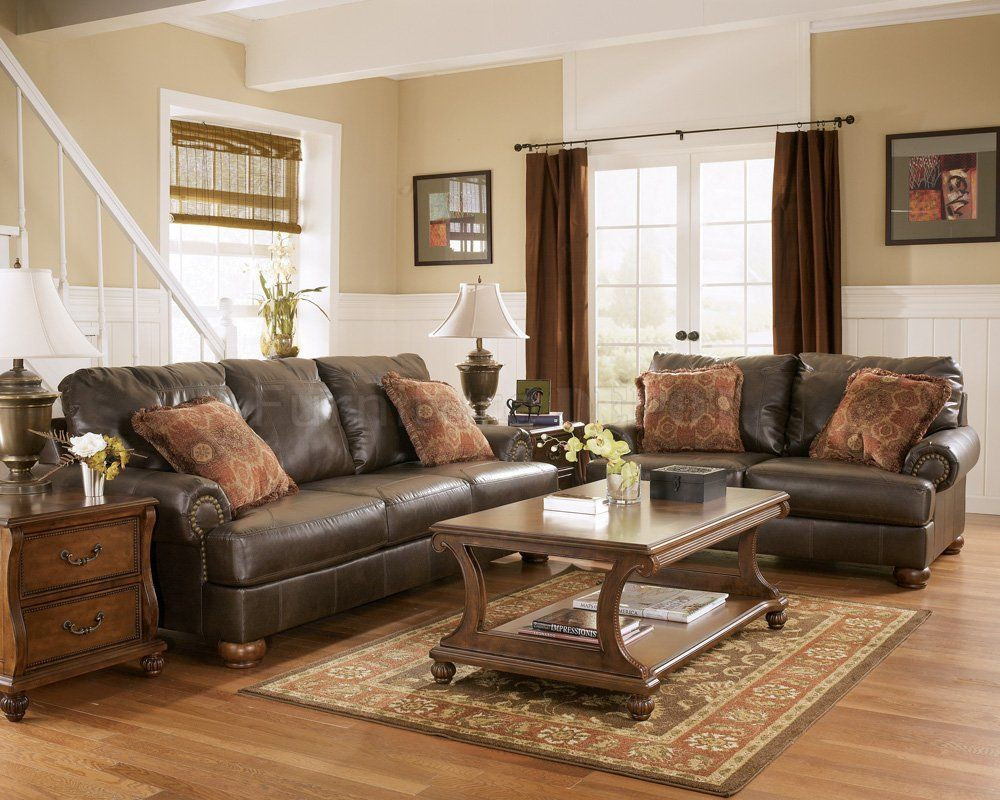 Rustic Leather Living Room Furniture
 Truffle Color Rustic Living Room w Nailhead Deatils LOVE