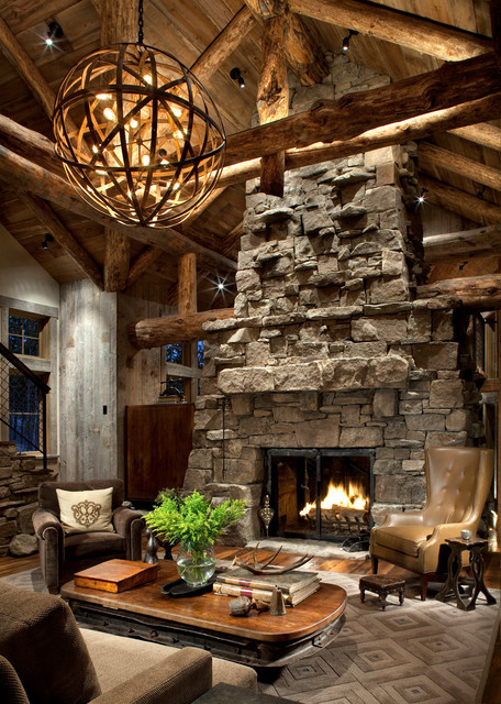 Rustic Living Room With Fireplace
 Great Room Fireplace Rustic Living Room Atlanta by