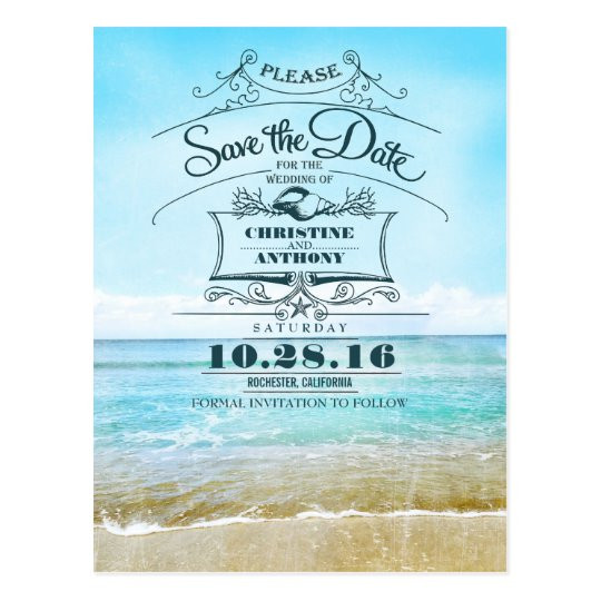 Save The Date Beach Wedding
 Beach wedding retro save the date postcards