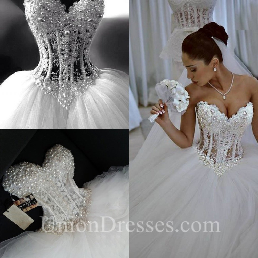 See Through Corset Wedding Dress
 Gorgeous Ball Gown Sweetheart See Through Tulle Pearl
