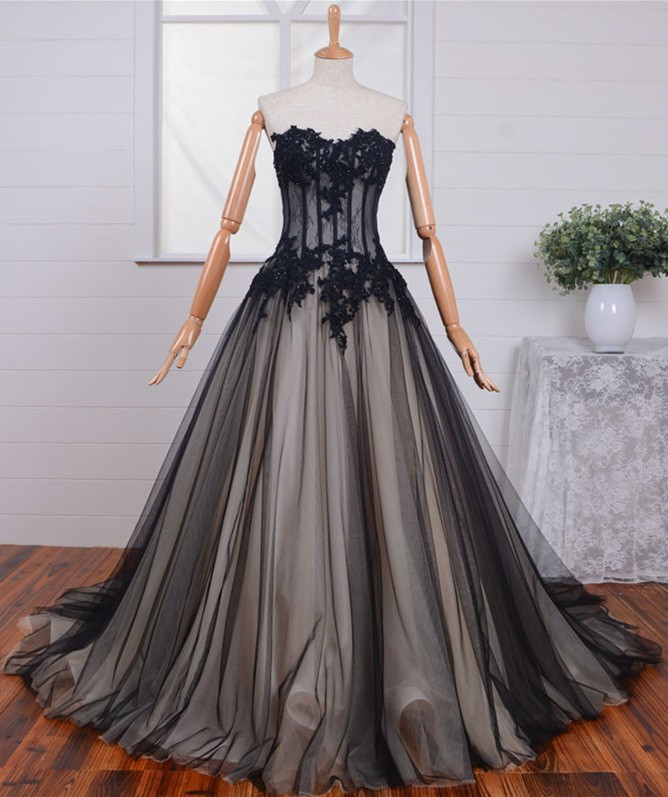 See Through Corset Wedding Dress
 Ball Gown Strapless See Through Black Tulle Lace Beaded