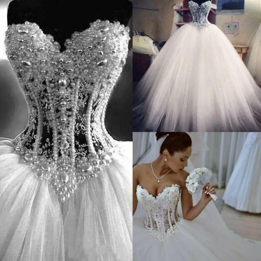 See Through Corset Wedding Dress
 White Ball Gown Wedding Dresses Sweetheart Corset Pearls
