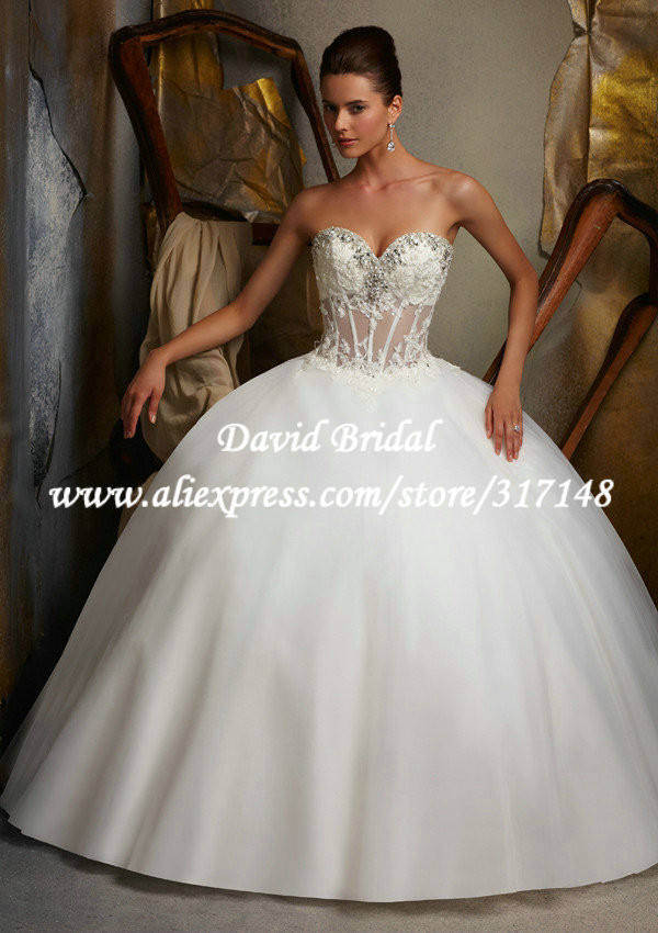 See Through Corset Wedding Dress
 EF1371 Beaded Sweetheart Appliques Ball Gown See Through
