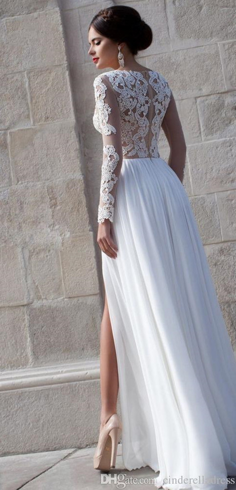 Sheer Wedding Gowns
 White Lace Sheer Long Sleeve Wedding Dresses Side Slit