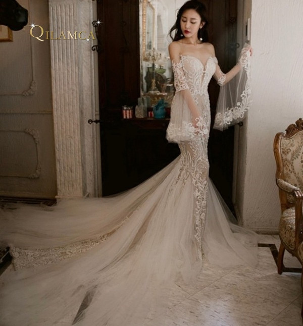 Sheer Wedding Gowns
 Custom Made Vintage Lace Mermaid Long Sleeves Wedding