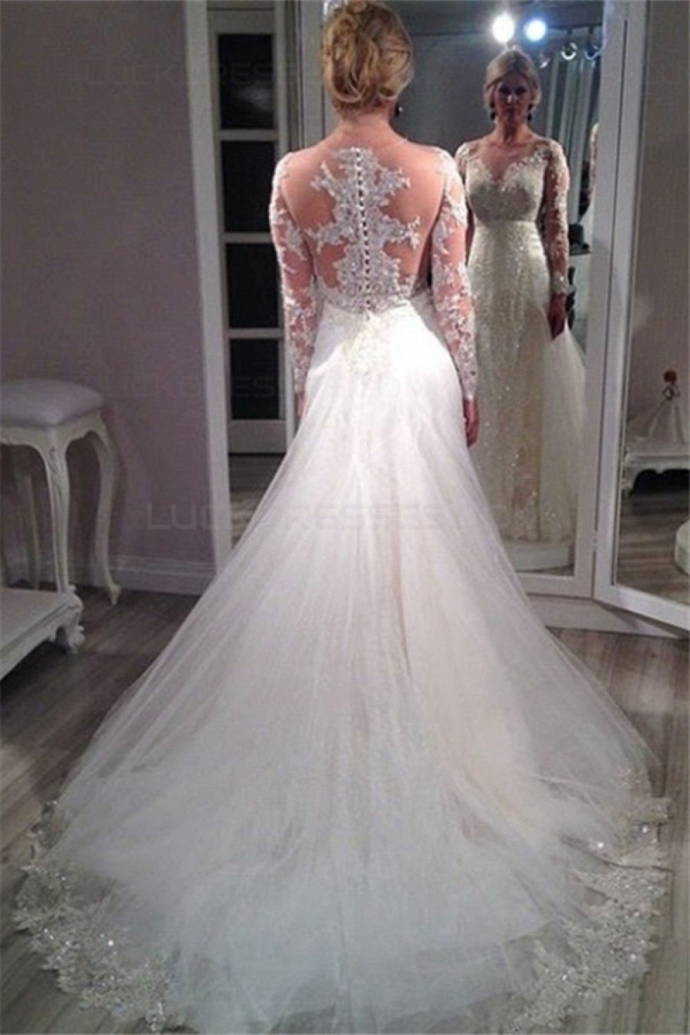 Sheer Wedding Gowns
 Long Sleeves Sheer Lace Wedding Dresses Bridal Gowns