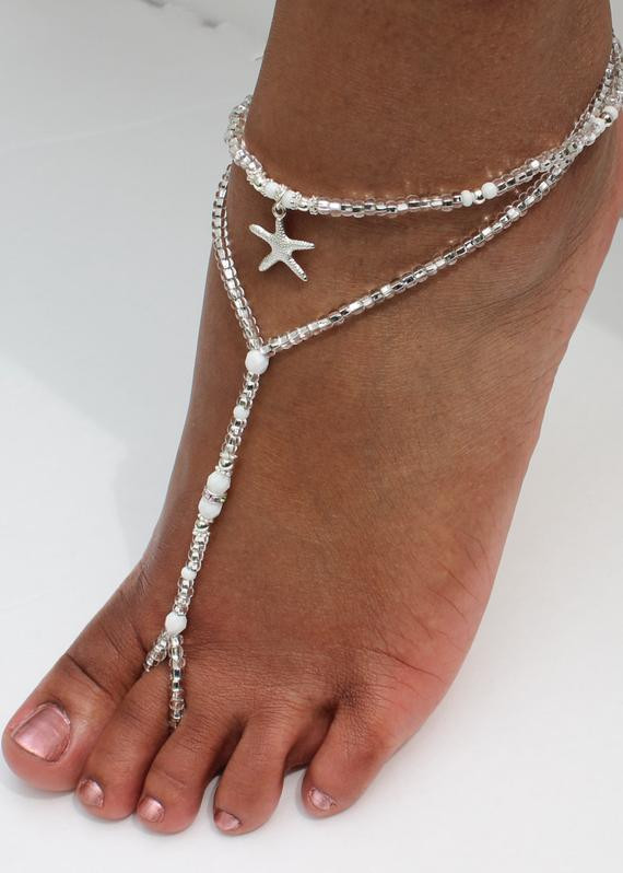 Shoes For Beach Wedding
 Beach Wedding Barefoot Sandal White Silver Bridal Foot Jewelry