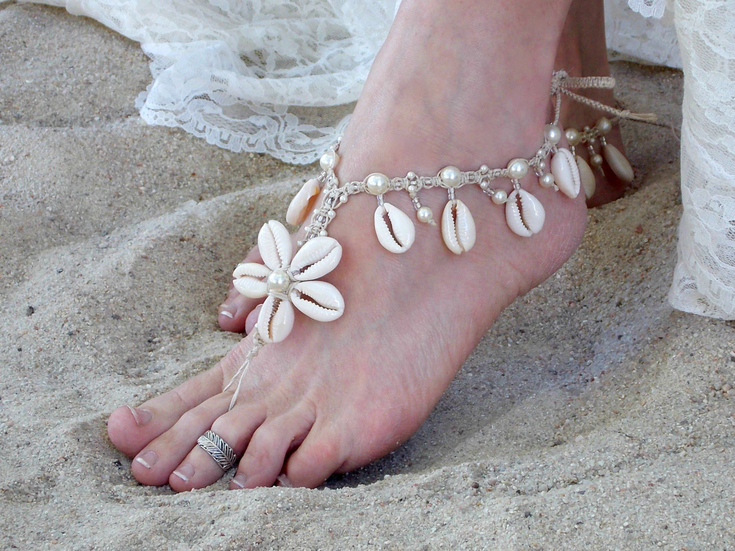 Shoes For Beach Wedding
 Beach Wedding Barefoot Sandals Cowrie Sea Shell Flower Bride
