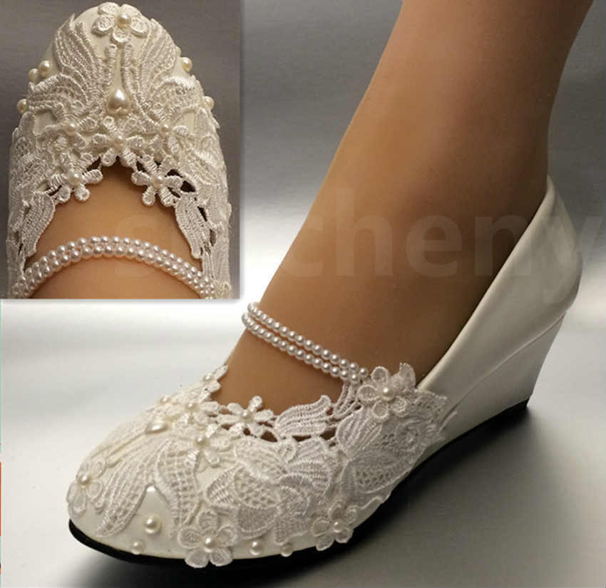 Shoes Wedding
 White light ivory lace Wedding shoes flat low high heel