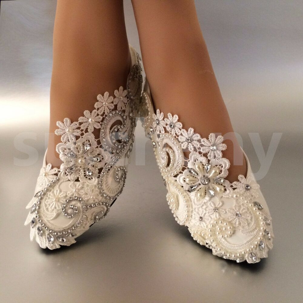 Shoes Wedding
 White ivory pearls lace crystal Wedding shoes flat