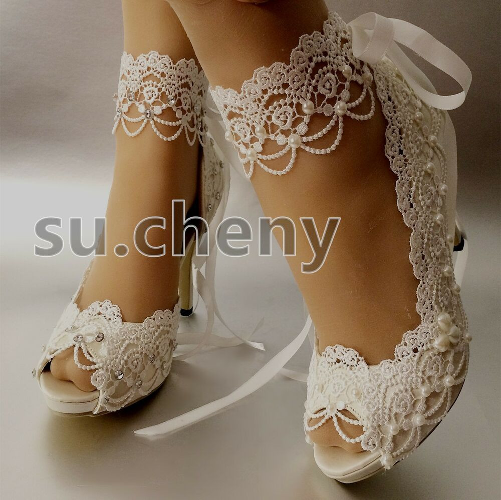 Shoes Wedding
 3" 4” heel white ivory satin lace ribbon open toe Wedding