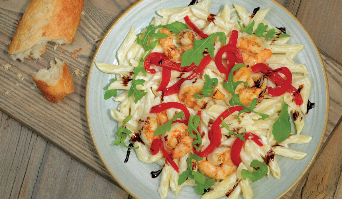 Shrimp And Penne Pasta Alfredo
 Reinhart Foodservice Penne with Grilled Shrimp Roasted