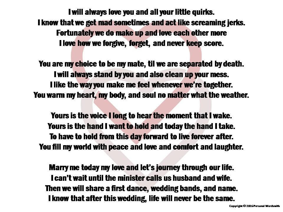 Silly Wedding Vows
 Funny Wedding Vows Digital Print Marriage Poem Download