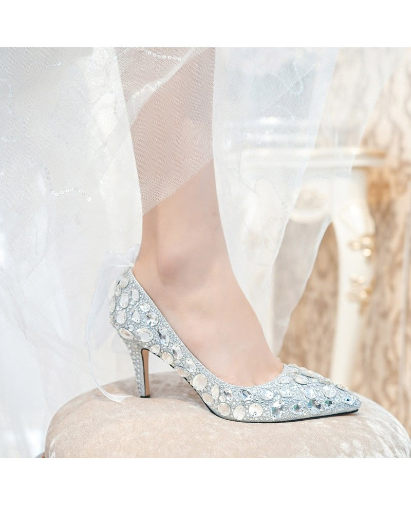 Silver Sparkly Wedding Shoes
 Beautiful Sparkly Crystal Wedding Shoes Silver With Ribbon
