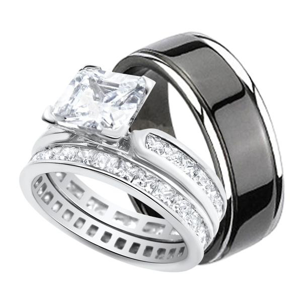 Silver Wedding Rings For Him
 His and Hers Wedding Ring Set Black Titanium Silver Bands