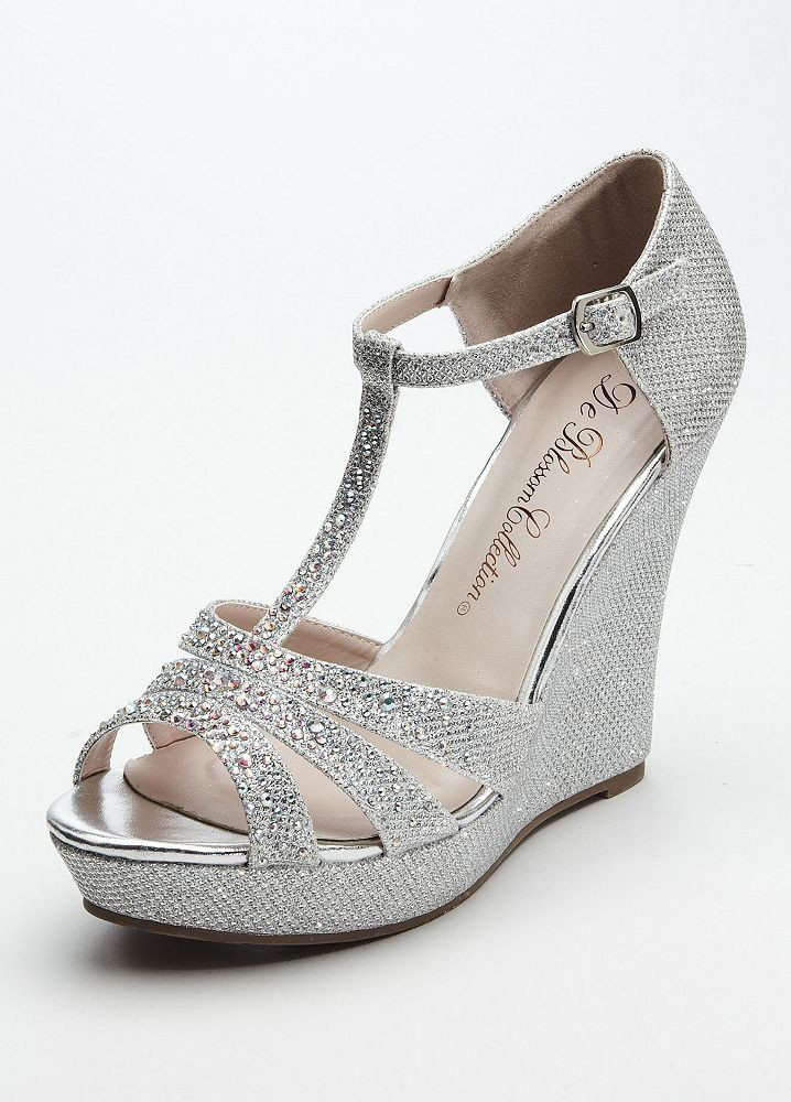 Silver Wedge Wedding Shoes
 Wedding & Bridesmaid Shoes Glitter T Strap Wedge Sandal