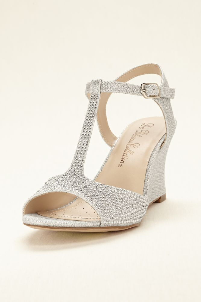 Silver Wedge Wedding Shoes
 Glitter T Strap Wedge Wedding & Bridesmaid Sandal Silver