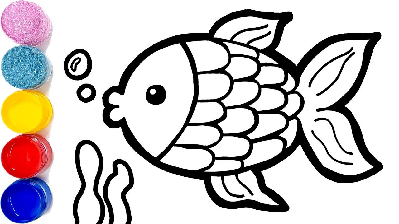 Simple Coloring Pages For Kids
 Cute Fish with Glitter Bubbles coloring and drawing for