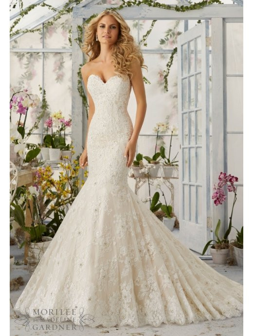 Strapless Mermaid Wedding Dresses
 Mori Lee 2820 Strapless Lace Mermaid Wedding Dress Ivory