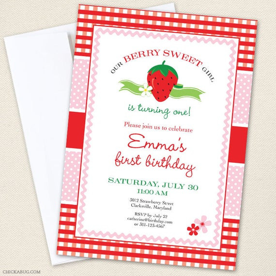 Strawberry Birthday Invitations
 Strawberry Party Invitations Professionally printed or DIY