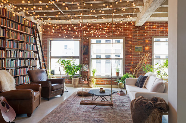 String Lights Living Room
 My Houzz Books and String Lights Cozy Up an L A Loft