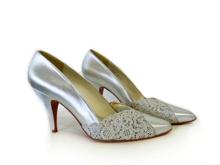 Stuart Weitzman Wedding Shoes
 SALE Vintage STUART WEITZMAN Lace Silver Pumps Shoes Wedding