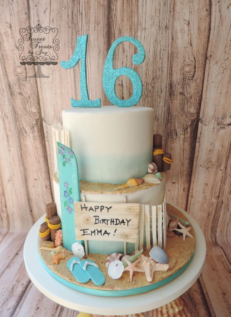 Summer Sweet 16 Party Ideas
 Beach cake for Sweet 16 birthday Surfboard shells and