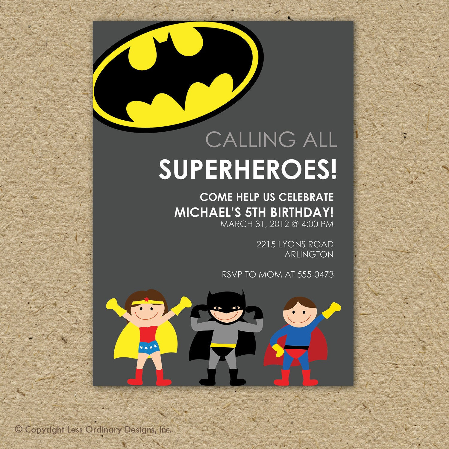 Superhero Birthday Invitation
 Batman super hero birthday party invitation by