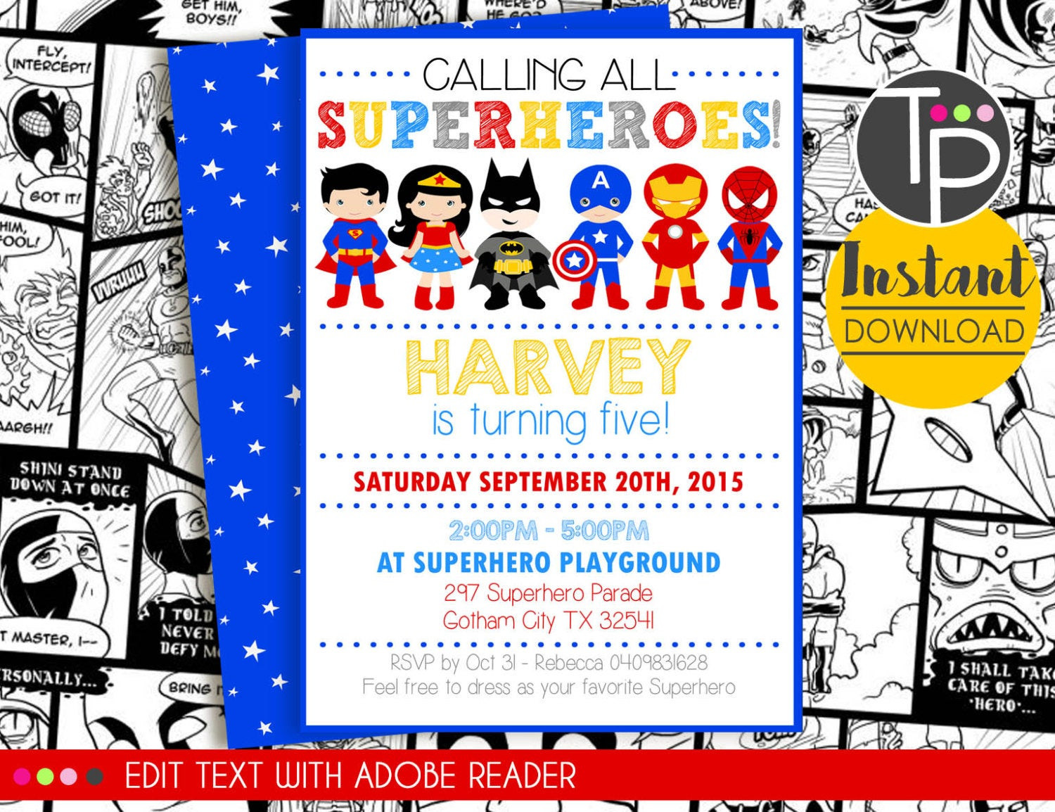 Superhero Birthday Invitation
 SUPERHERO Party Invitation INSTANT DOWNLOAD Superhero