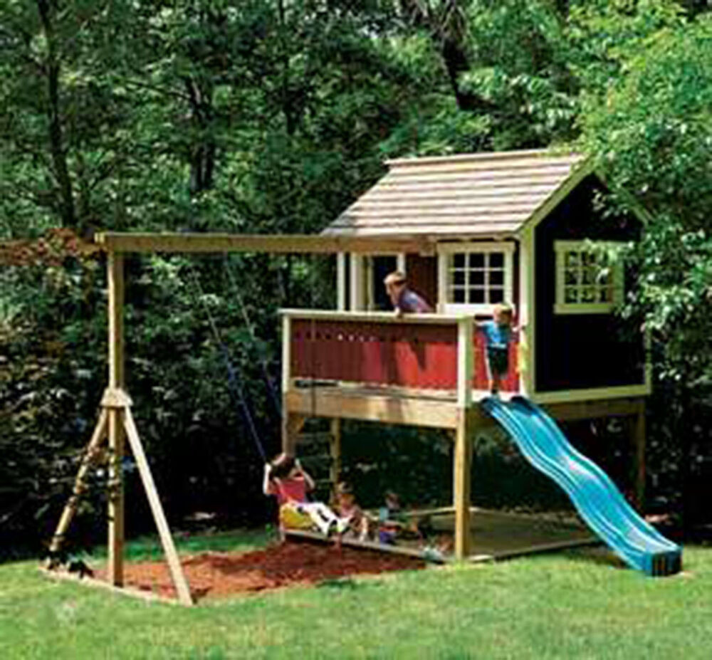 Swing Set DIY Plans
 Kids Outdoor Wooden Playhouse Swing Set Detailed Plan