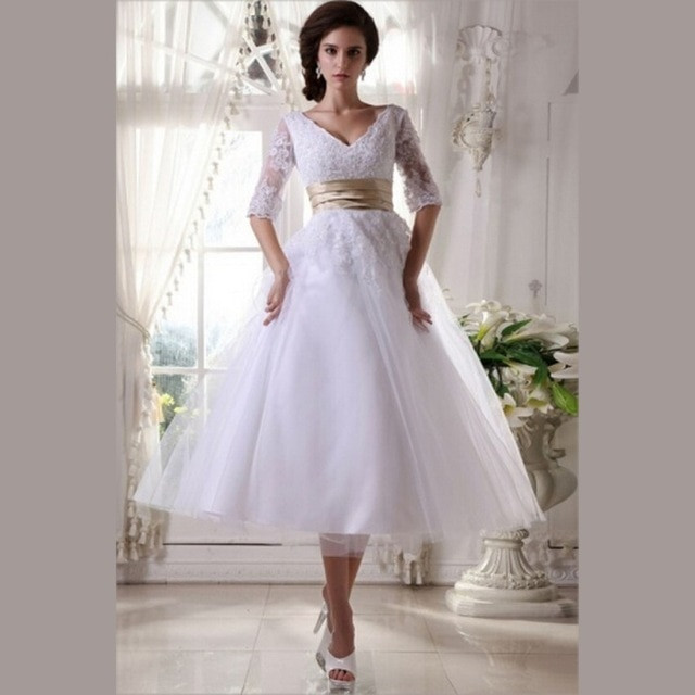 Tea Length Beach Wedding Dresses
 2015 White Lace Tea Length Wedding Dresses With Sleeves V