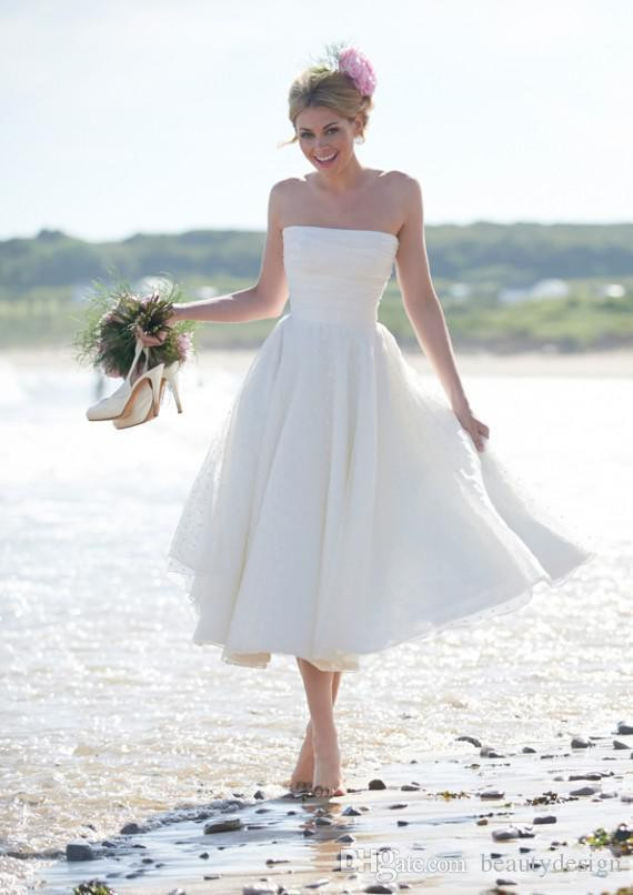 Tea Length Beach Wedding Dresses
 2015 Cheap Strapless Lace Tea Length Short Beach Wedding