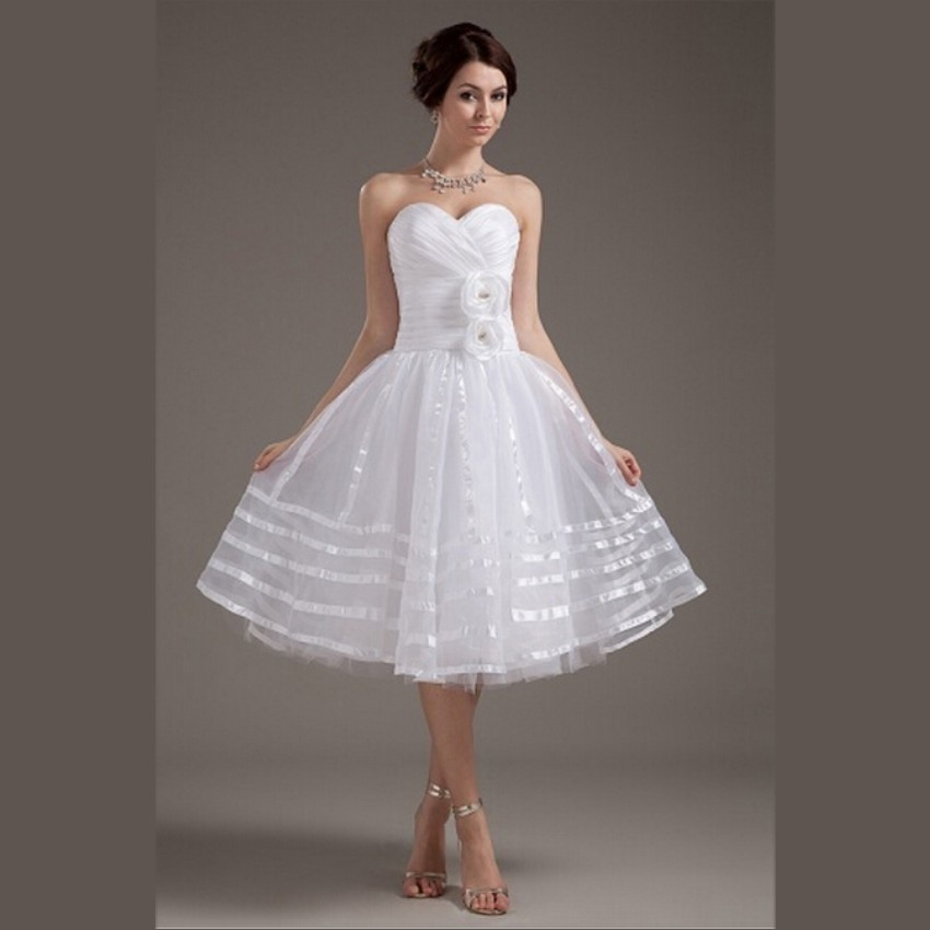 Tea Length Beach Wedding Dresses
 2015 White Organza Short Wedding Dresses Elegant