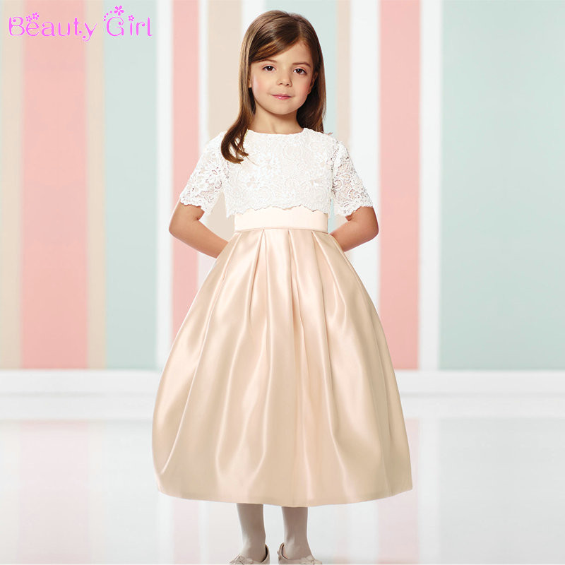 Tea Party Dresses For Kids
 2016 Satin Champagne Color Flower Girl Dresses With Lace