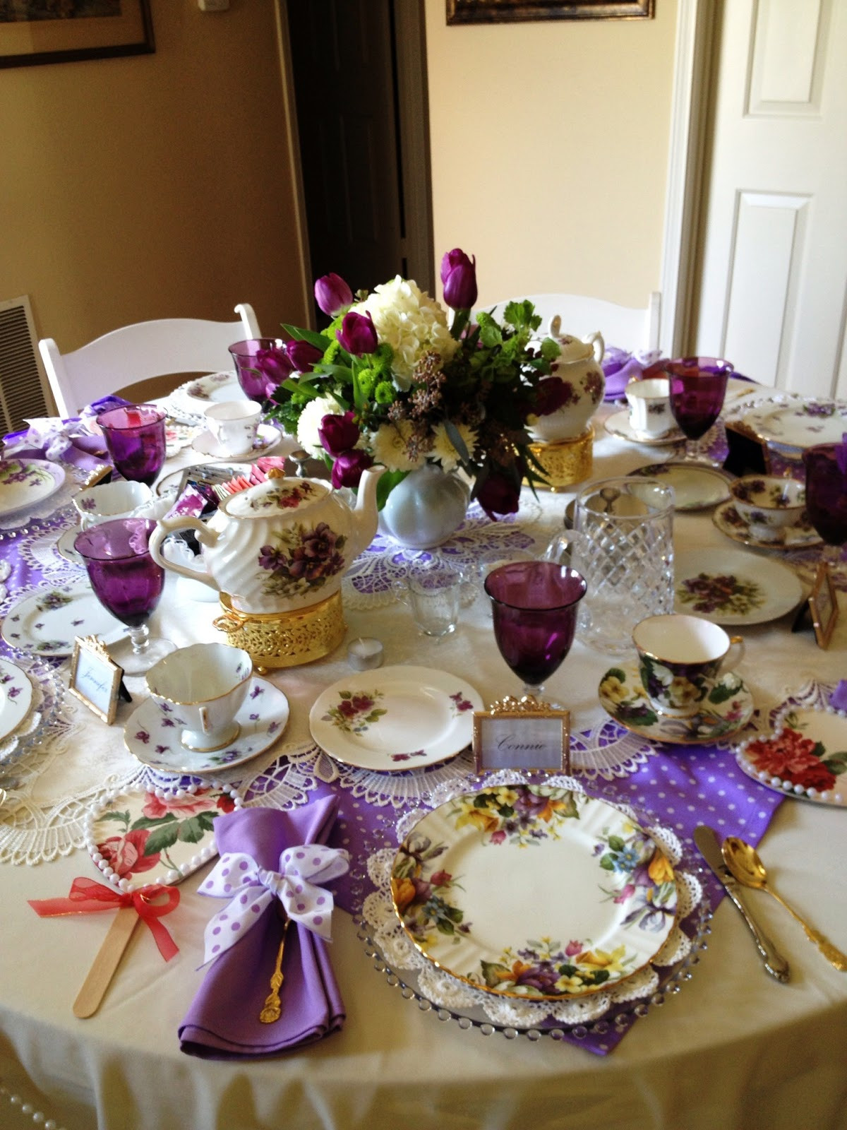 Tea Party Table Ideas
 Make it Delightful Tea Table in Purples Polka Dots