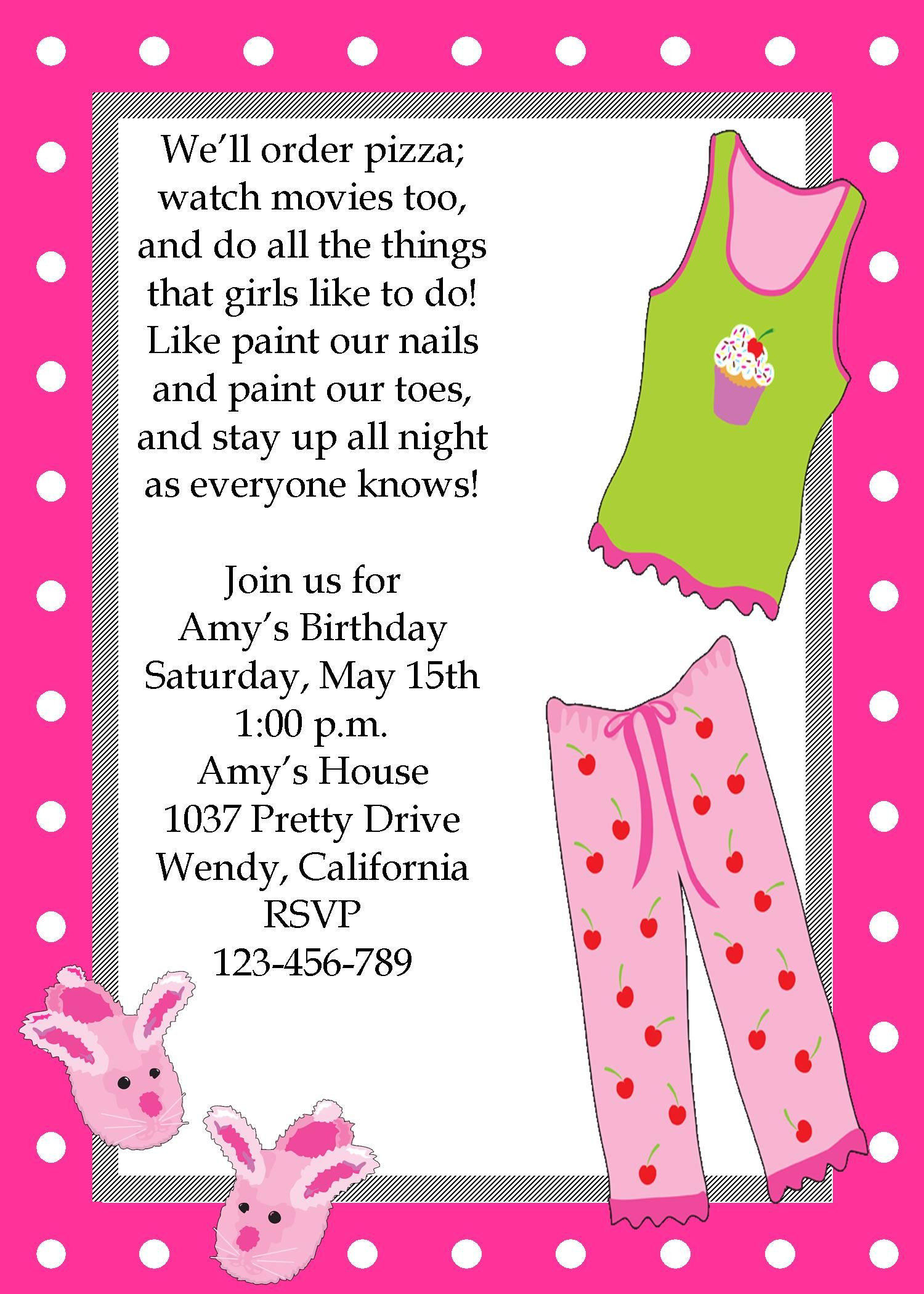 Things To Do At A Birthday Party
 Girls sleepover pajama party invitation