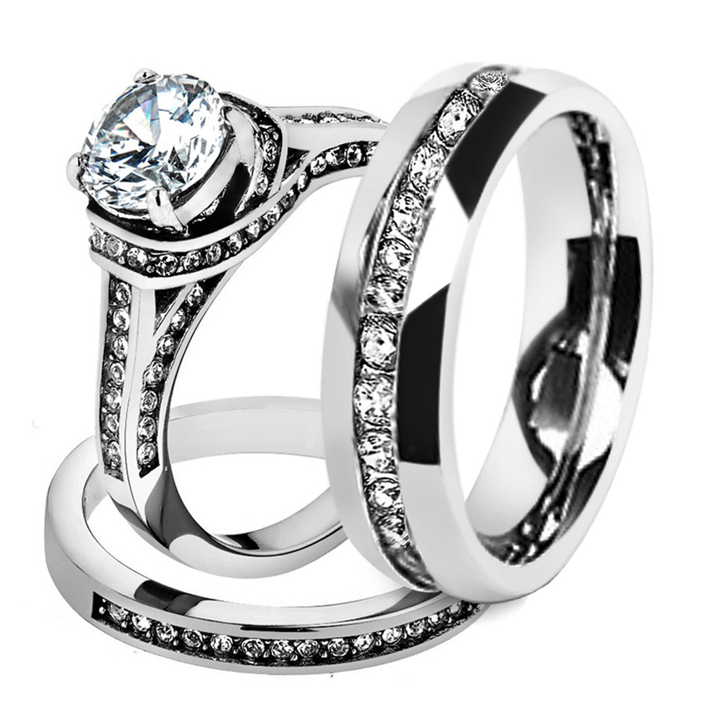 Trio Wedding Ring Sets
 His & Hers Stainless Steel 3 Piece Cz Wedding Ring Set and